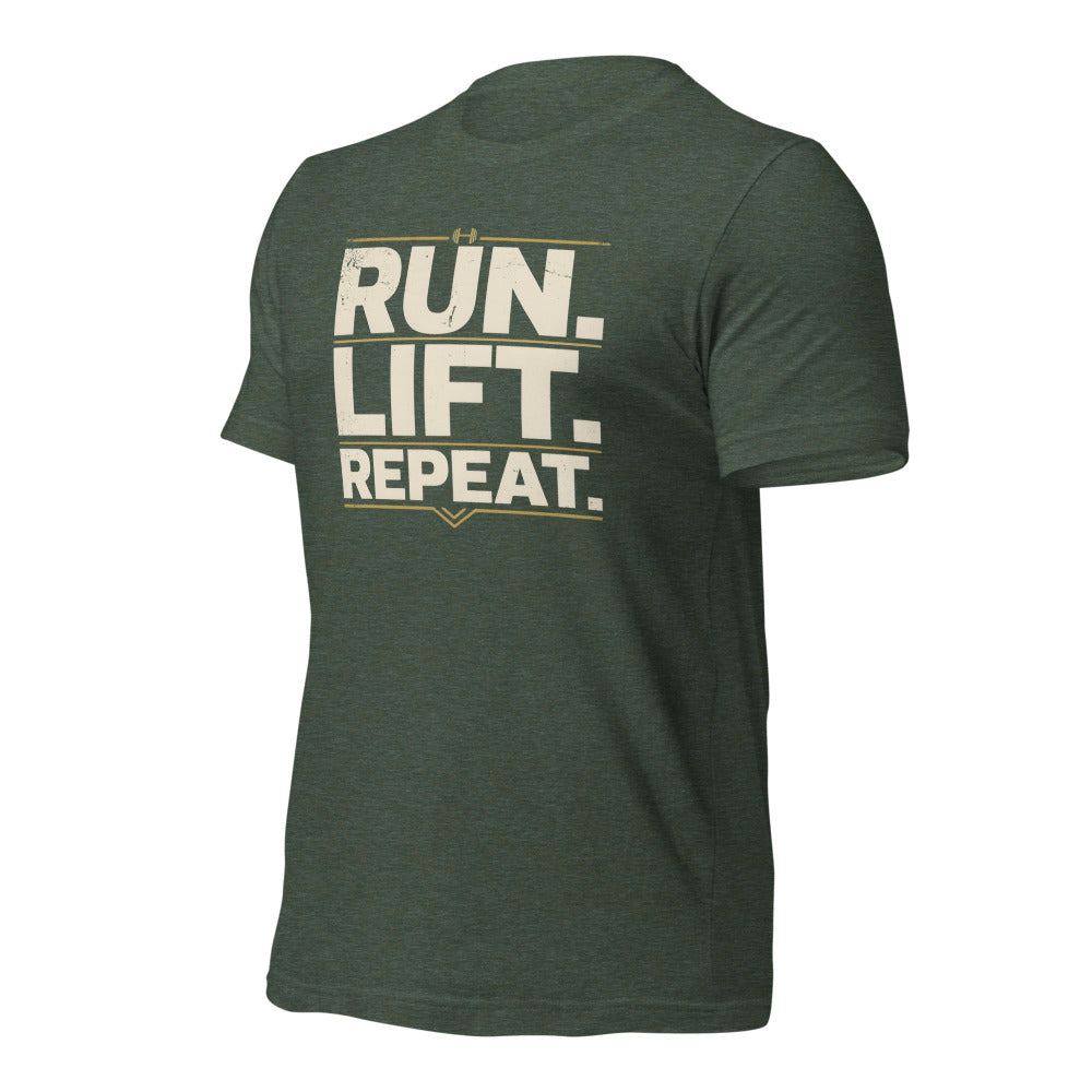Run Lift Repeat vintage athletic tee — Heather Forest, front-right