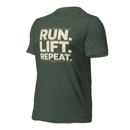 Run Lift Repeat vintage athletic tee — Heather Forest, front-right