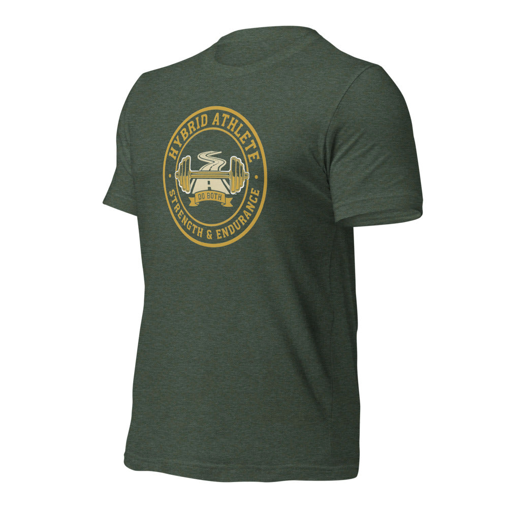 Hybrid Athlete vintage athletic-department crest tee — Heather Forest, front-right