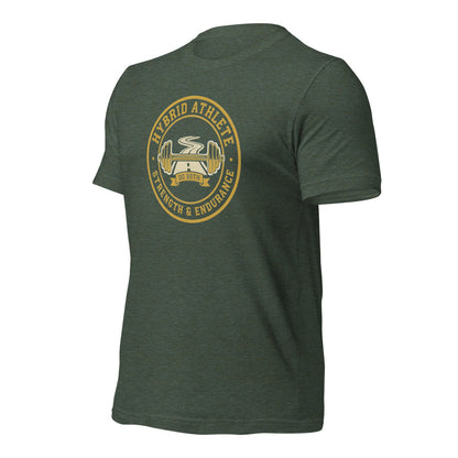 Hybrid Athlete vintage athletic-department crest tee — Heather Forest, front-right
