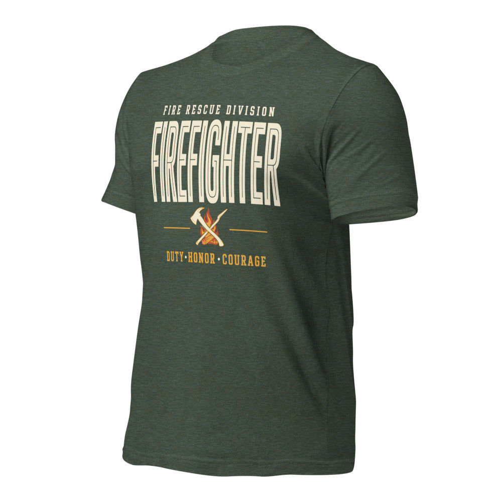 Firefighter collegiate wordmark retro fire-rescue tee — Heather Forest, front-right
