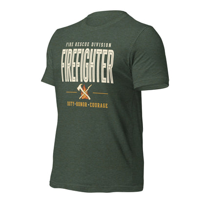 Firefighter collegiate wordmark retro fire-rescue tee — Heather Forest, front-right