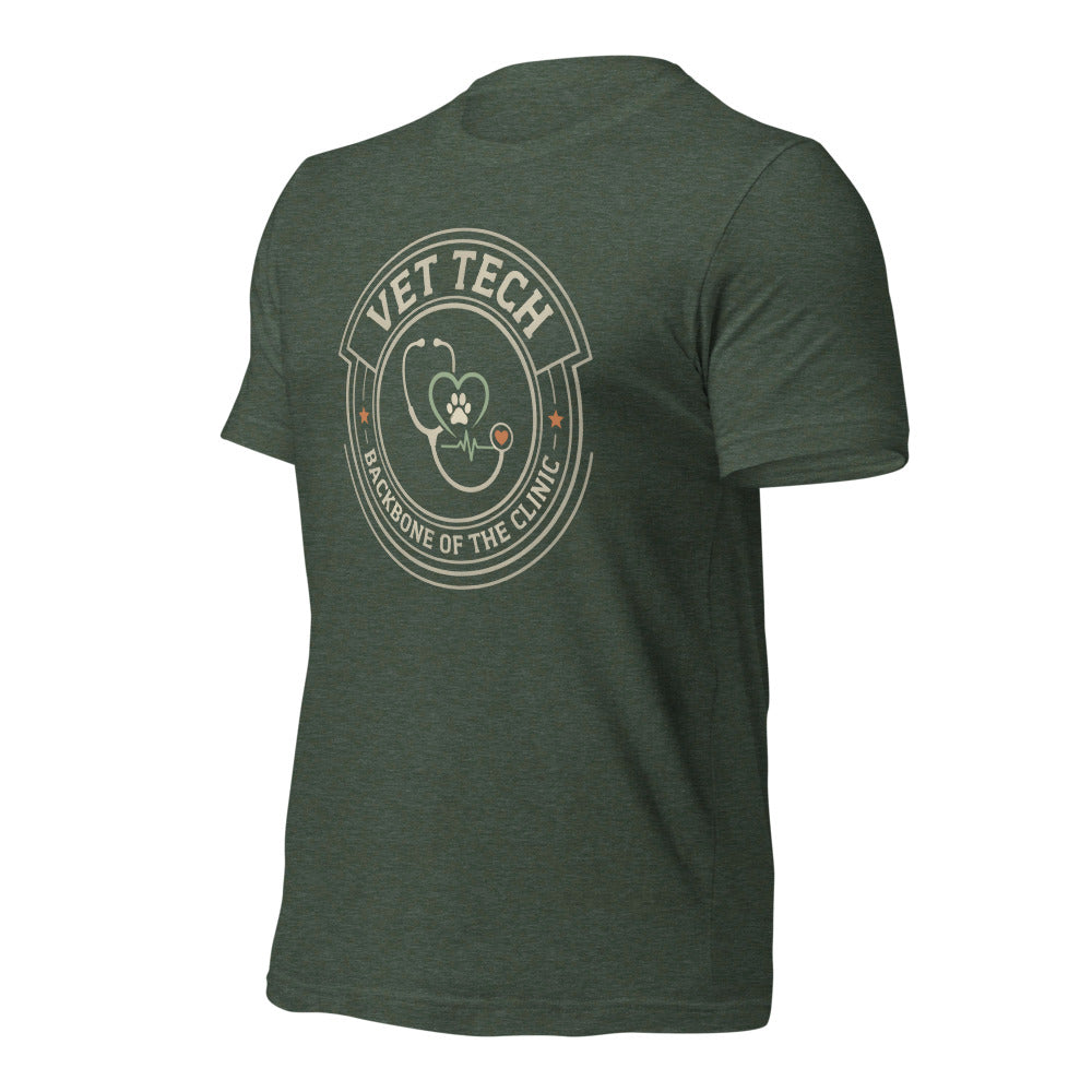 Vet Tech Crest retro veterinary technician tee — Heather Forest, front-right