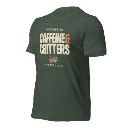 Powered by Caffeine & Critters funny vet tech tee — Heather Forest, front-right