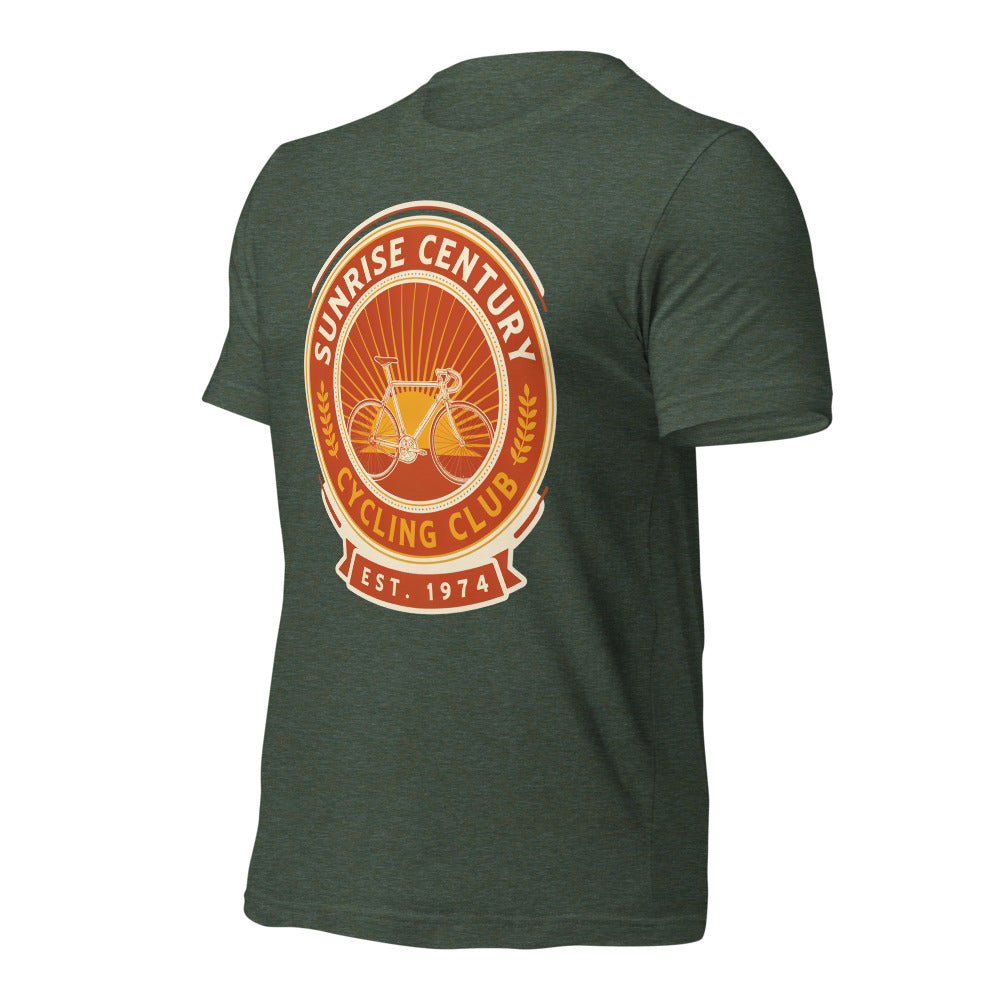 Sunrise Century C.C. retro cycling club badge t-shirt — Heather Forest, front-right