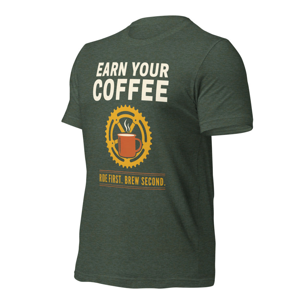 Earn Your Coffee retro cycling coffee t-shirt — Heather Forest, front-right