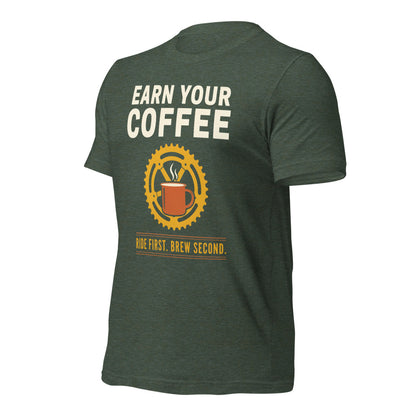 Earn Your Coffee retro cycling coffee t-shirt — Heather Forest, front-right