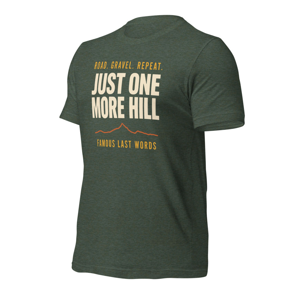 Just One More Hill retro cycling climb t-shirt — Heather Forest, front-right