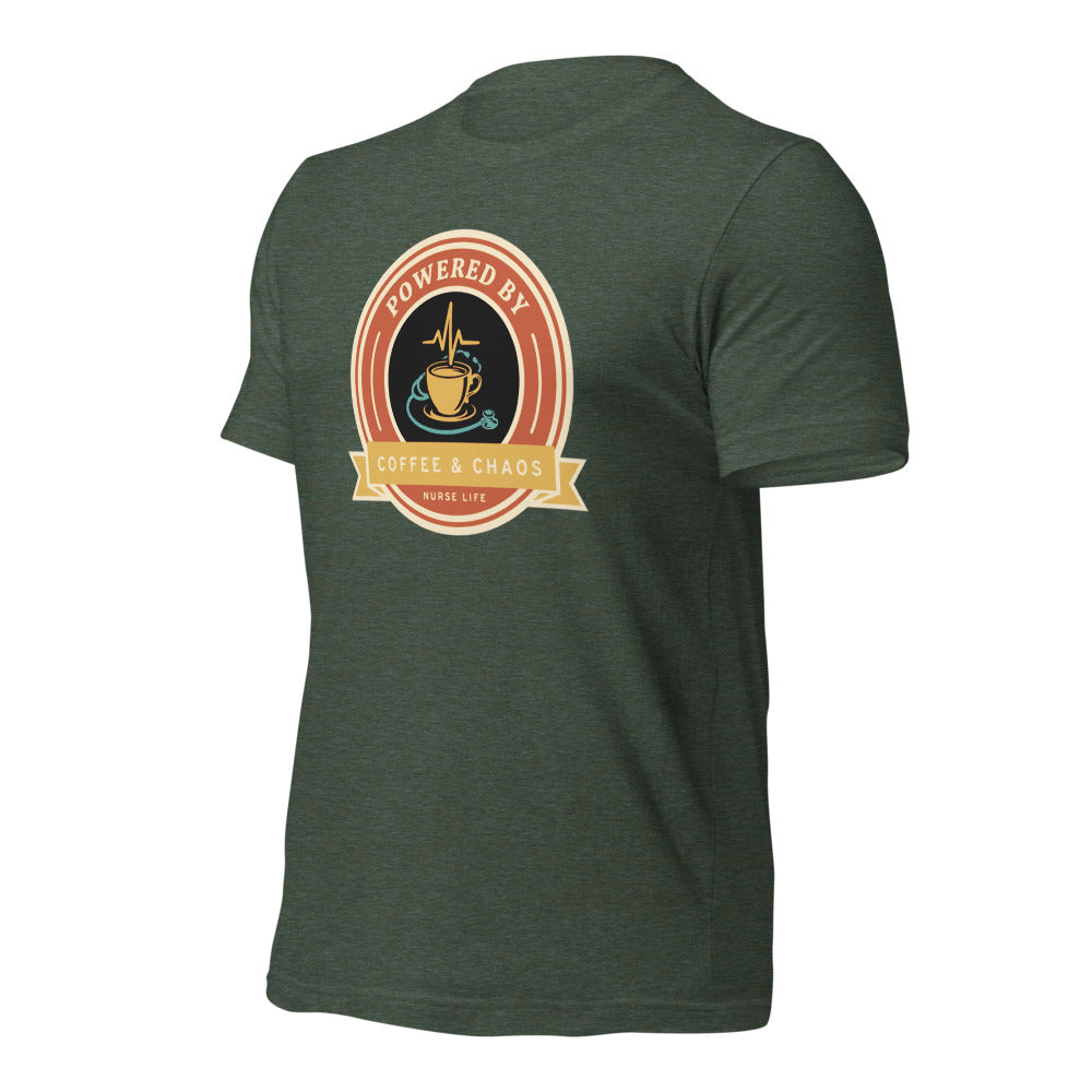 Powered by Coffee & Chaos retro nurse badge tee — Heather Forest, front-right