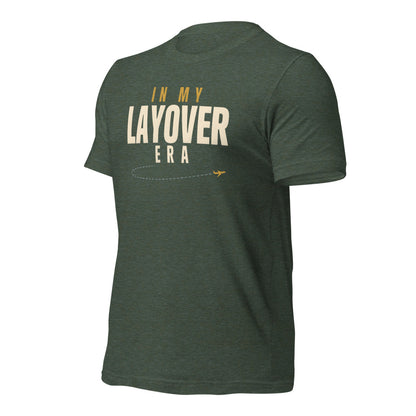 In My Layover Era flight attendant tee — Heather Forest, front-right