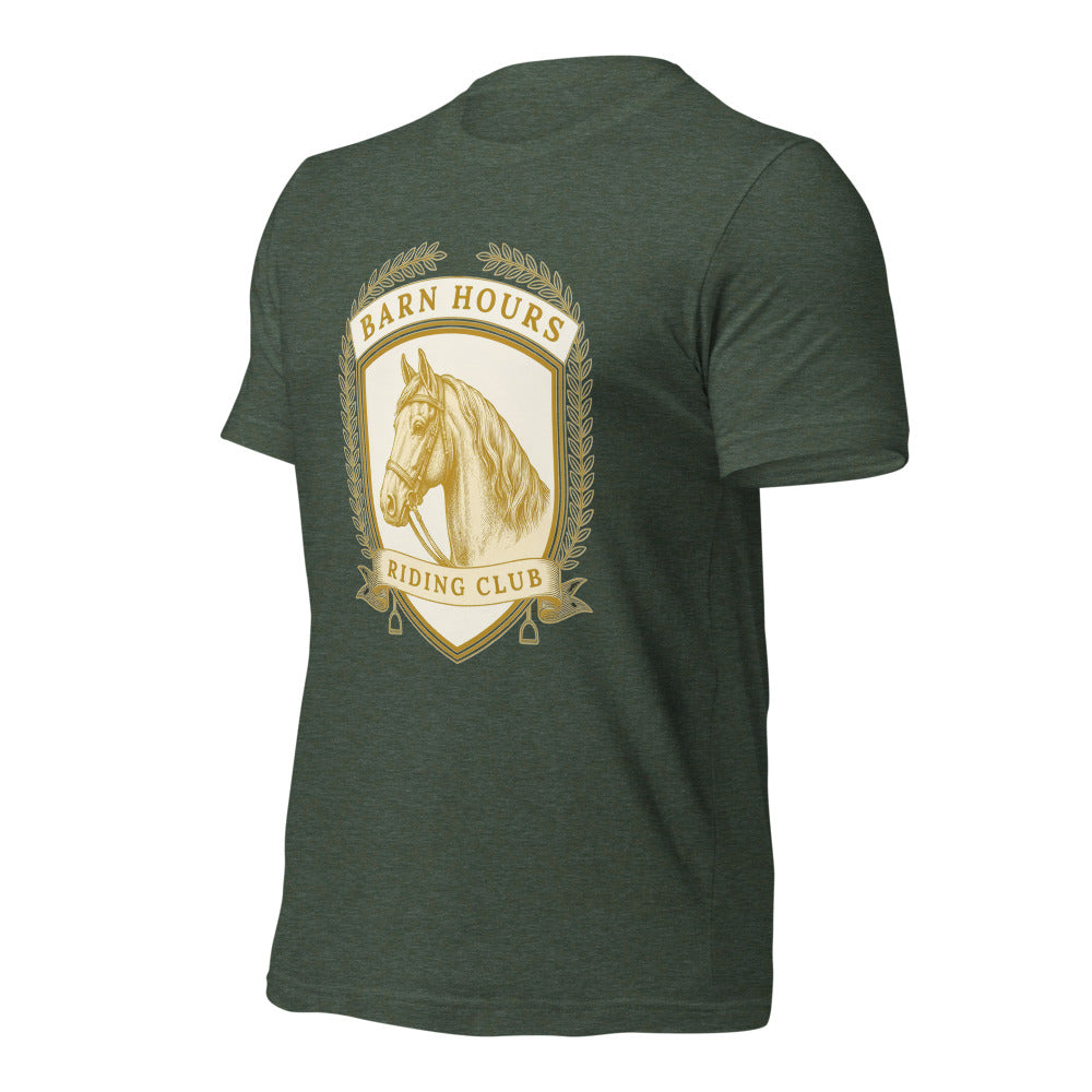 Barn Hours Riding Club vintage equestrian stable crest t-shirt — Heather Forest, front-right