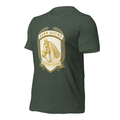 Barn Hours Riding Club vintage equestrian stable crest t-shirt — Heather Forest, front-right