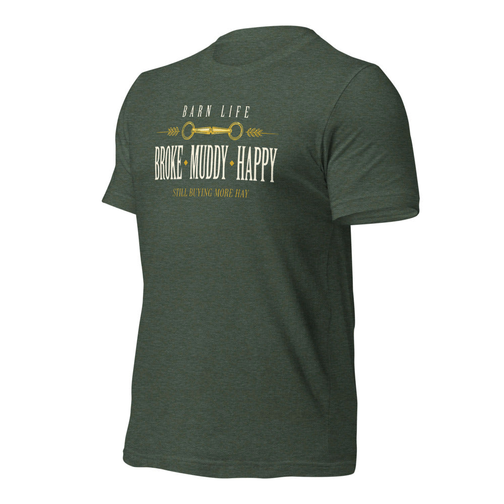 Broke Muddy Happy funny barn life equestrian t-shirt — Heather Forest, front-right