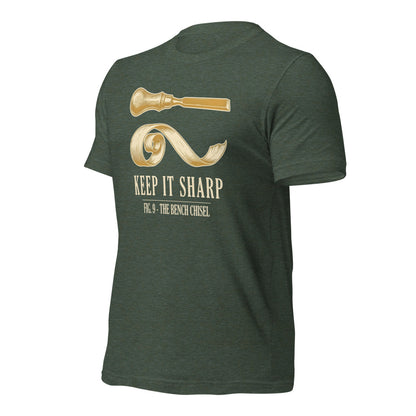 Keep It Sharp woodworking tee — Heather Forest, front-right