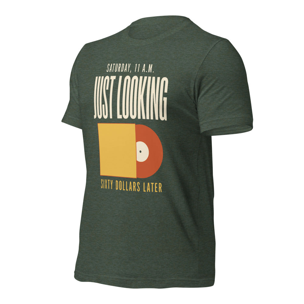 Just Looking Sixty Dollars Later vinyl record tee — Heather Forest, front-right