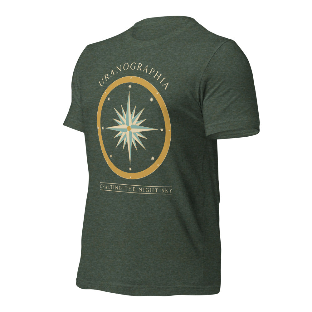 Uranographia vintage celestial chart astronomy tee — Heather Forest, front-right
