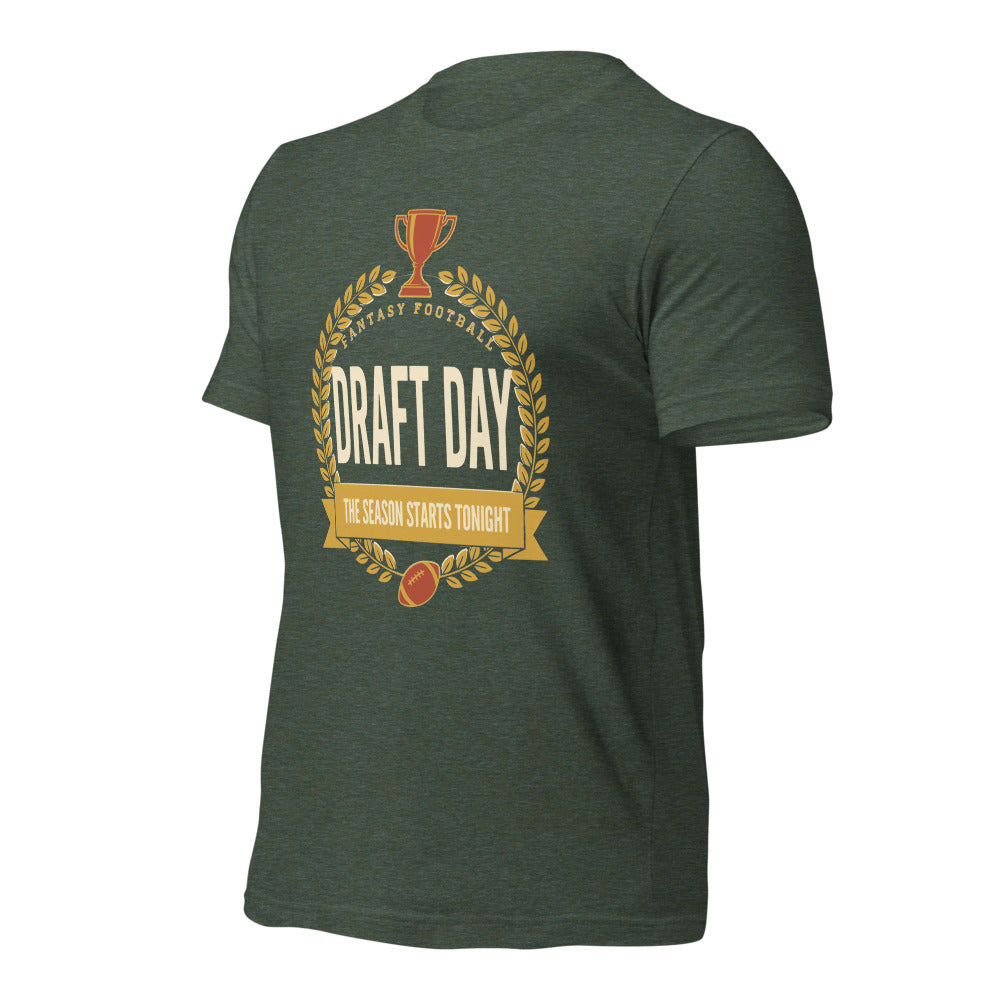 Draft Day Almanac vintage fantasy football draft tee — Heather Forest, front-right