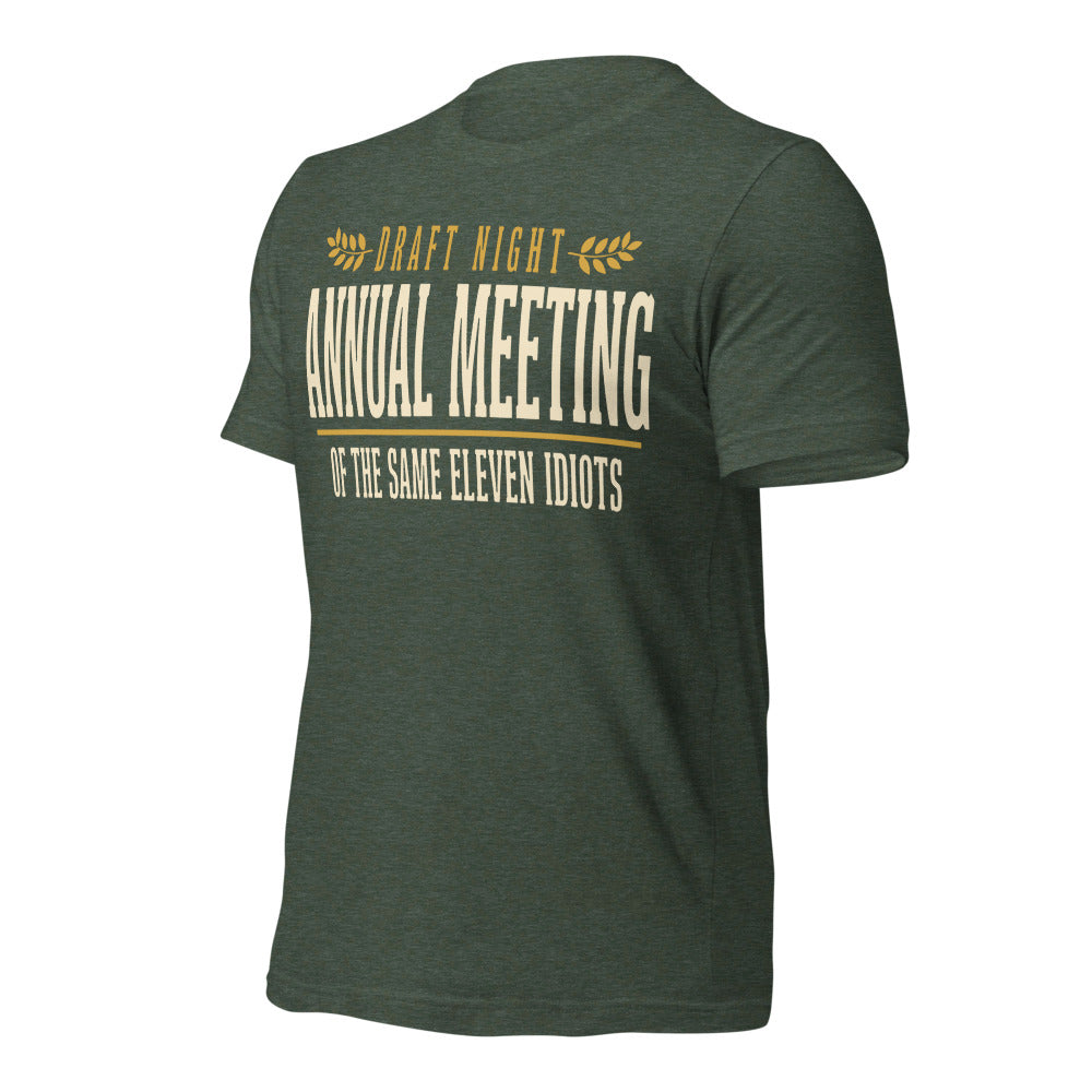 Annual Meeting of the Same Eleven Idiots funny fantasy football draft tee — Heather Forest, front-right