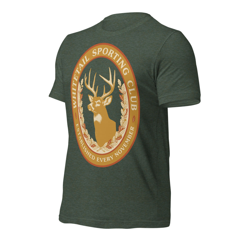 Whitetail Sporting Club vintage deer hunting tee — Heather Forest, front-right