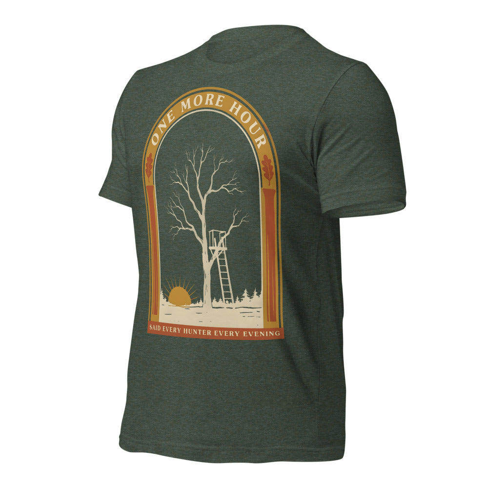 One More Hour funny deer hunting tee — Heather Forest, front-right