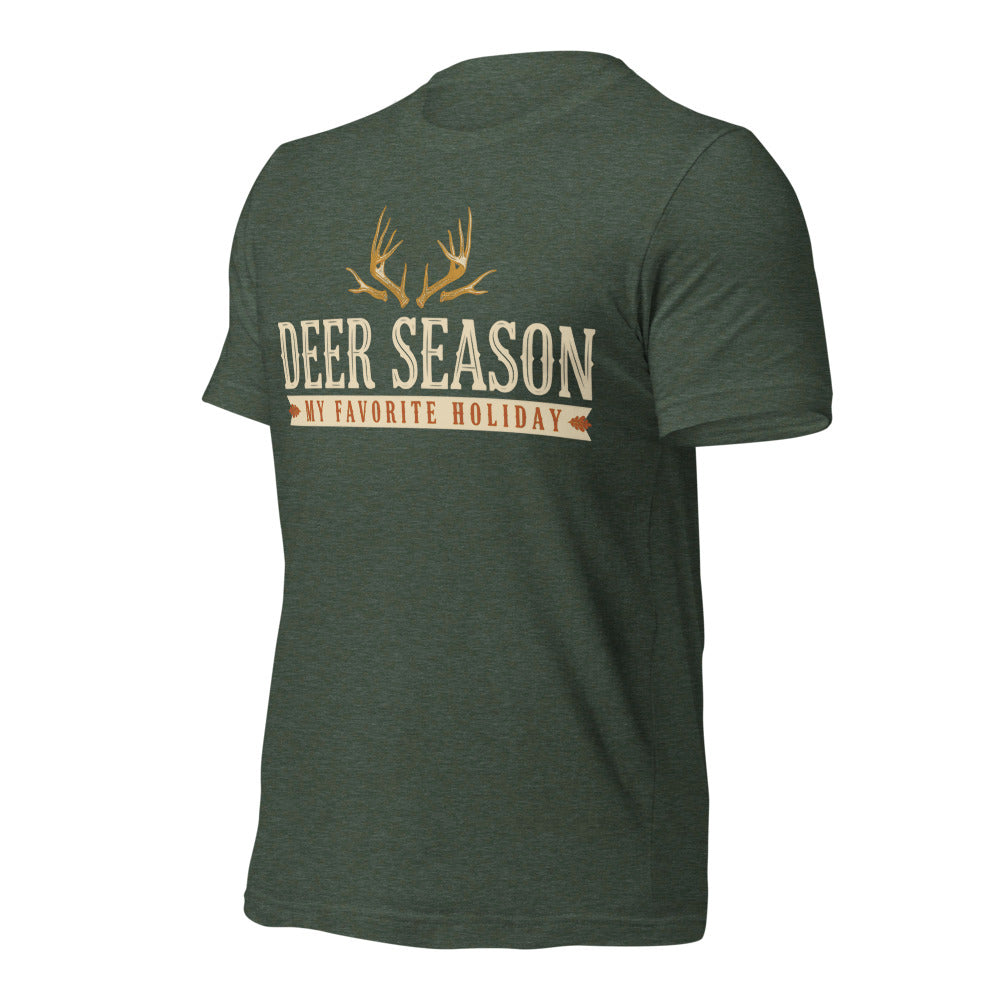 Deer Season My Favorite Holiday deer hunting tee — Heather Forest, front-right