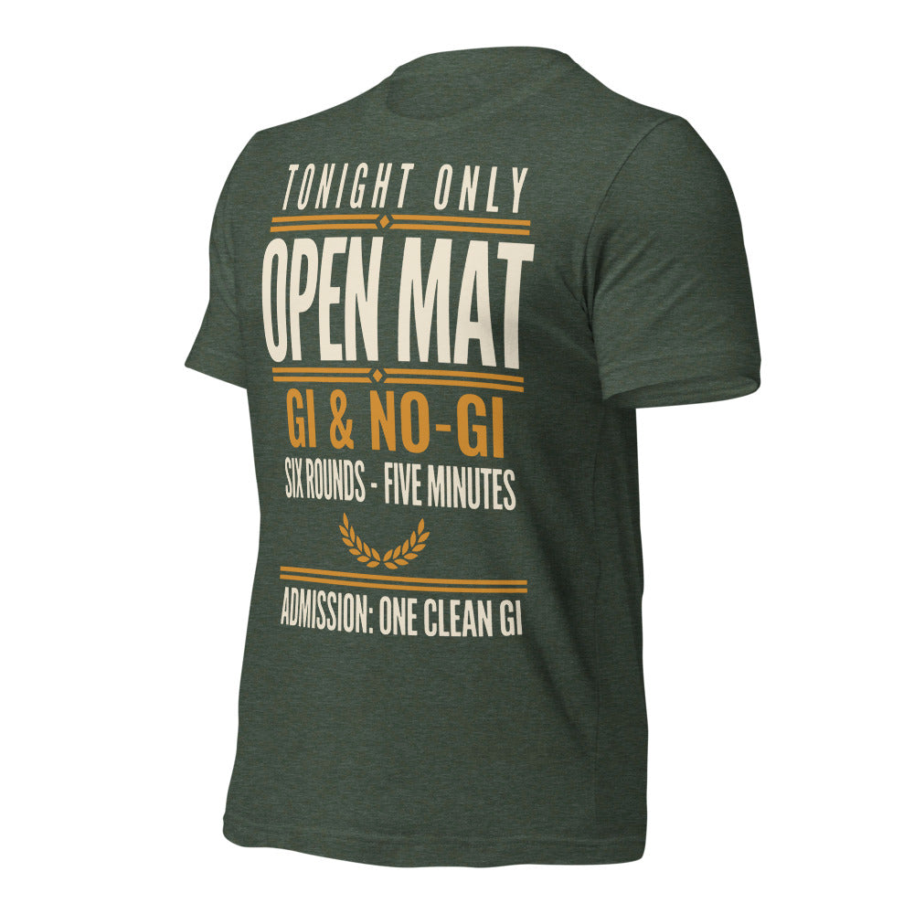 Open Mat Tonight Brazilian jiu jitsu t-shirt — Heather Forest, front-right