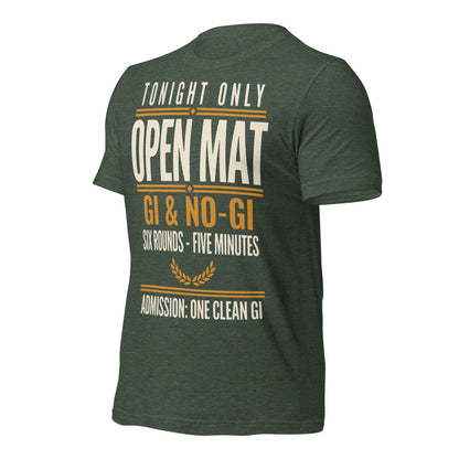Open Mat Tonight Brazilian jiu jitsu t-shirt — Heather Forest, front-right