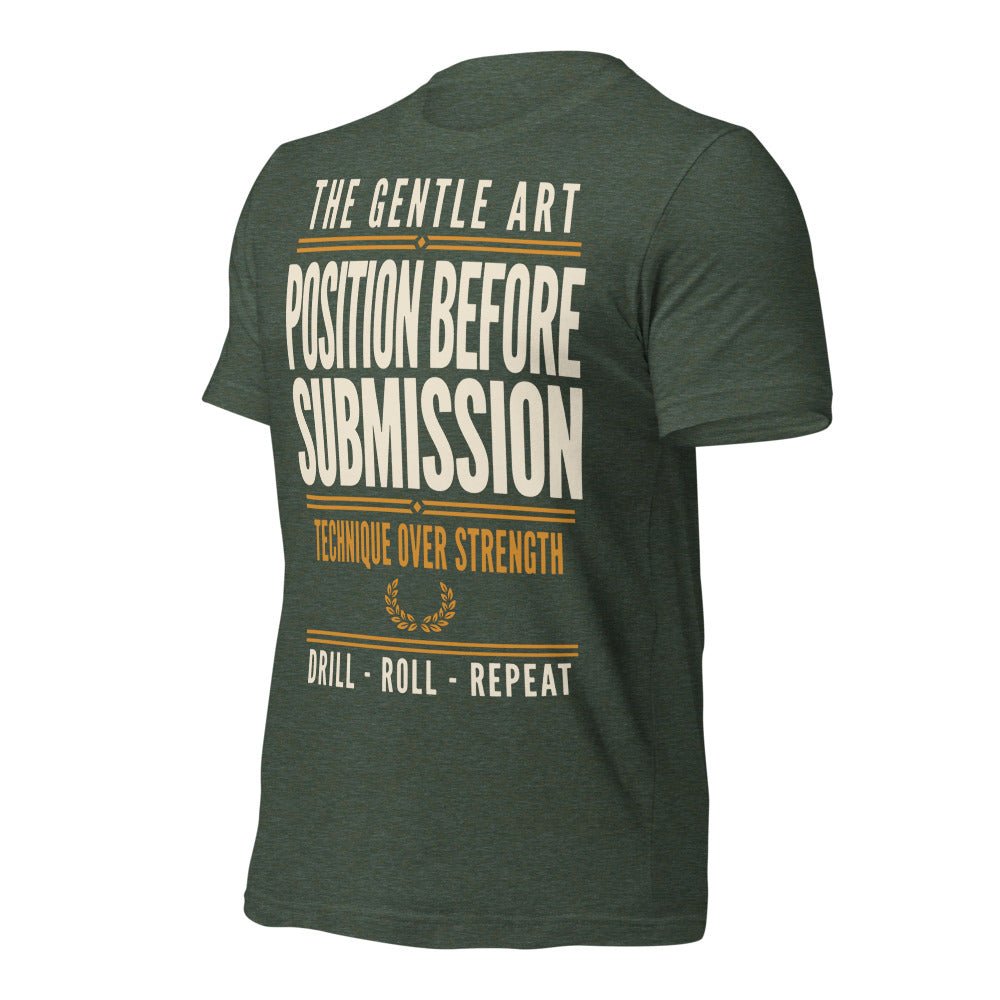 Position Before Submission Brazilian jiu jitsu t-shirt — Heather Forest, front-right