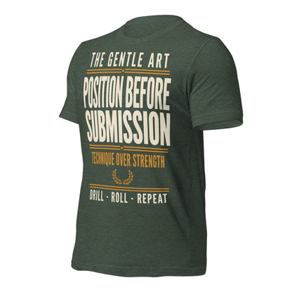 Position Before Submission Brazilian jiu jitsu t-shirt — Heather Forest, front-right
