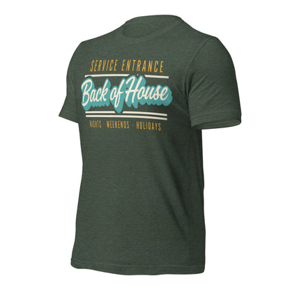 Line Cook Back of House retro diner service sign t-shirt — Heather Forest, front-right