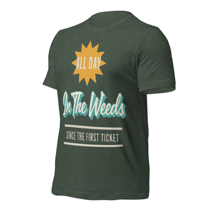 In The Weeds line cook retro diner service sign t-shirt — Heather Forest, front-right