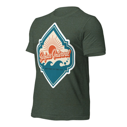 Surface Interval vintage scuba diving travel decal t-shirt — Heather Forest, front-right