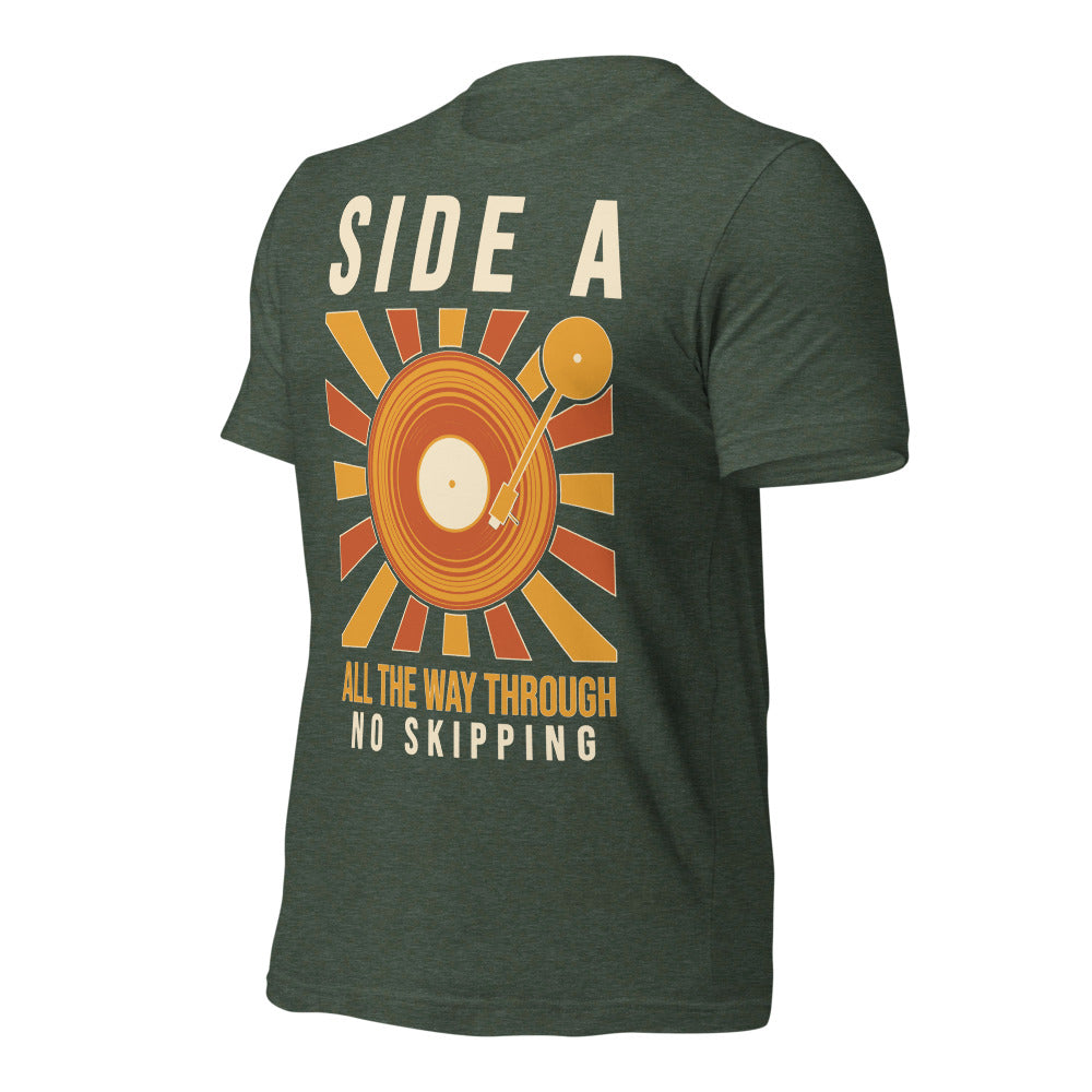 Side A No Skipping vinyl record tee — Heather Forest, front-right