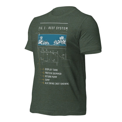 Reef System technical cutaway saltwater aquarium t-shirt — Heather Forest, front-right