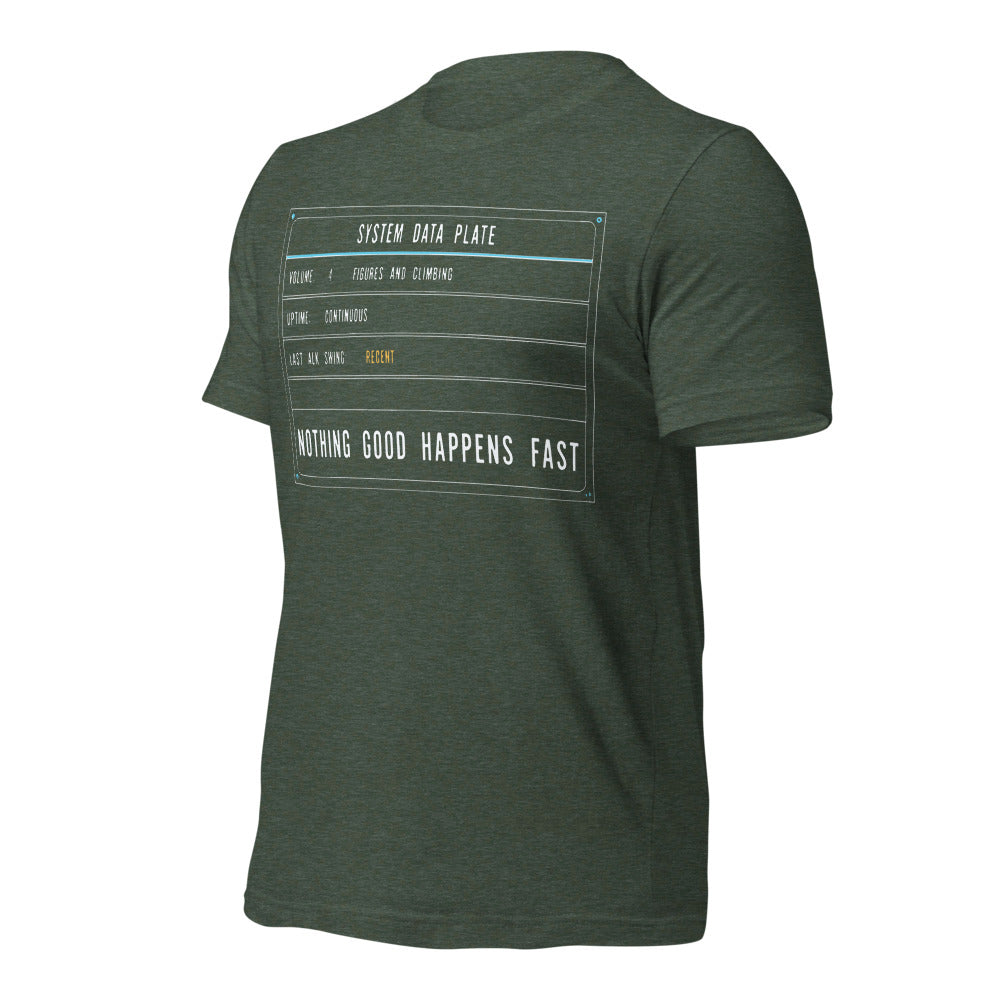 Nothing Good Happens Fast reef system data plate saltwater aquarium t-shirt — Heather Forest, front-right