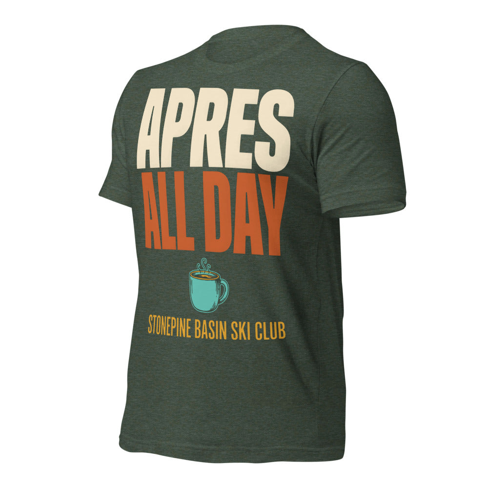 Après All Day Stonepine Basin Ski Club retro apres-ski t-shirt — Heather Forest, front-right