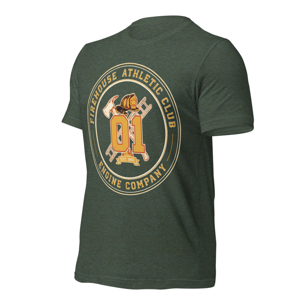 Firehouse Athletic Club retro firefighter emblem tee — Heather Forest, front-right