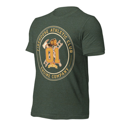 Firehouse Athletic Club retro firefighter emblem tee — Heather Forest, front-right