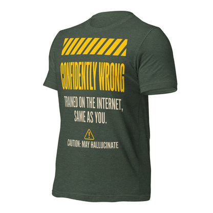 Confidently Wrong AI hazard-label unisex t-shirt — Heather Forest, front-right