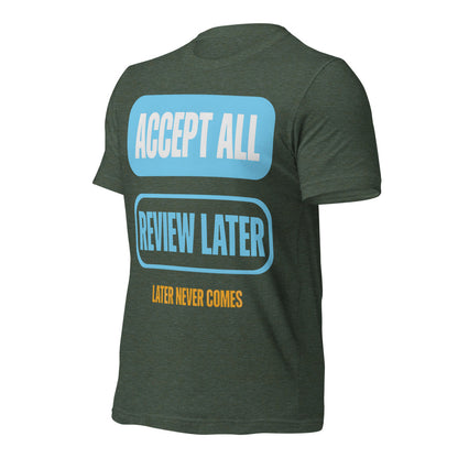 Accept All Review Later tee — Heather Forest, front-right