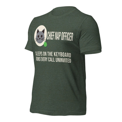 Chief Nap Officer cat profile card unisex t-shirt — Heather Forest, front-right