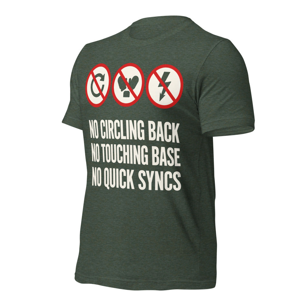 No Circling Back corporate jargon prohibition signs unisex t-shirt — Heather Forest, front-right