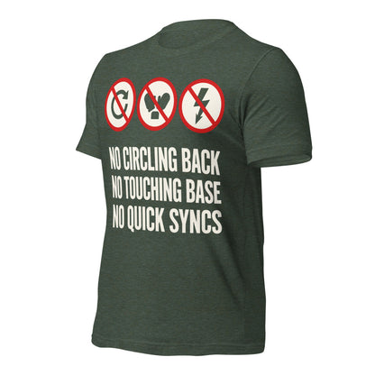 No Circling Back corporate jargon prohibition signs unisex t-shirt — Heather Forest, front-right