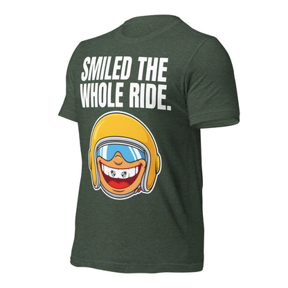 Smiled The Whole Ride funny motorcycle tee — Heather Forest, front-right