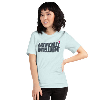 Artificially Intelligent funny AI t-shirt — Heather Ice Blue, on model