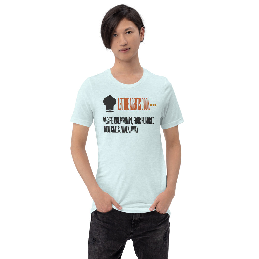 Let The Agents Cook tee — Heather Ice Blue, on model