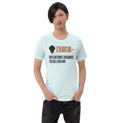 Let The Agents Cook tee — Heather Ice Blue, on model