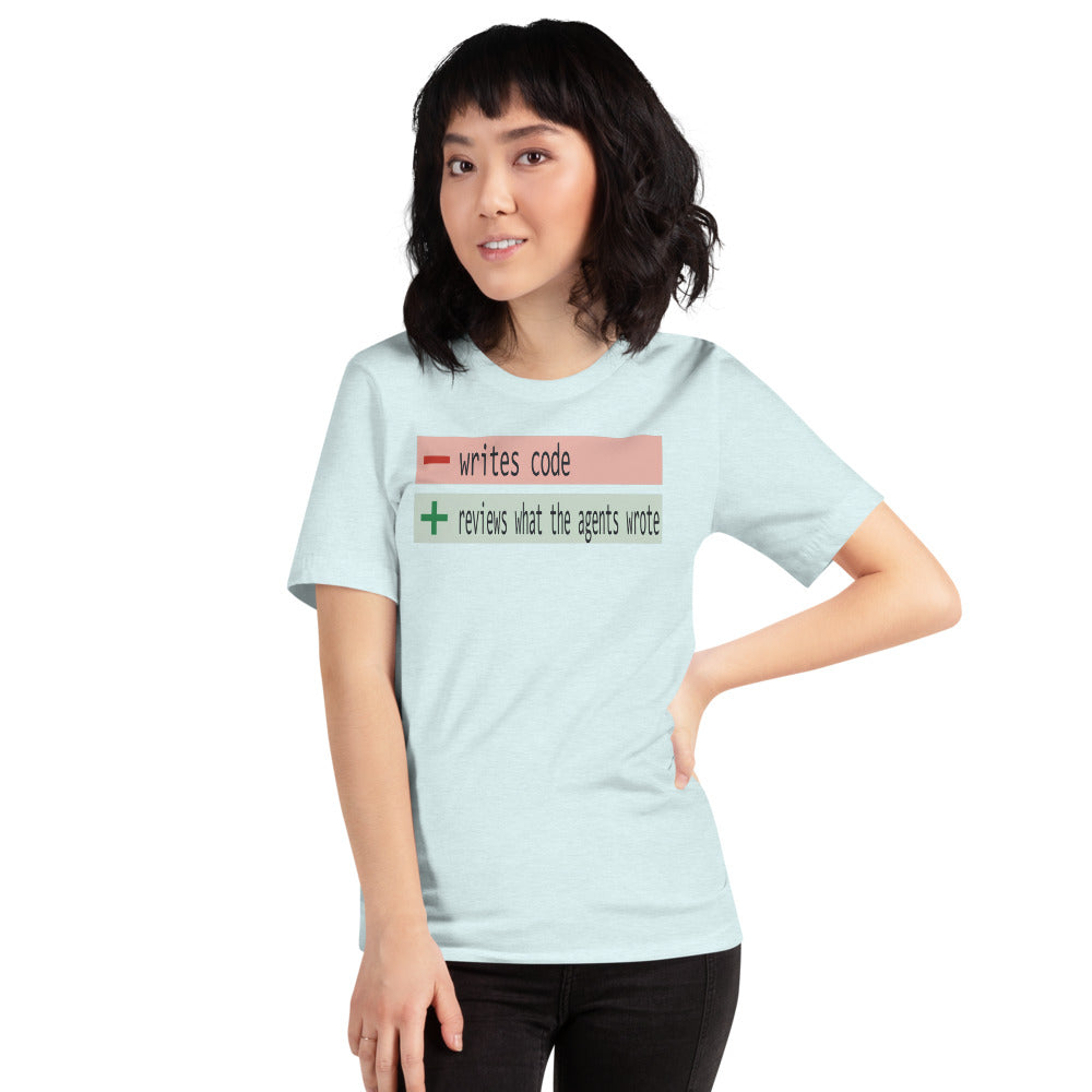 The Diff agentic AI engineer tee — Heather Ice Blue, on model