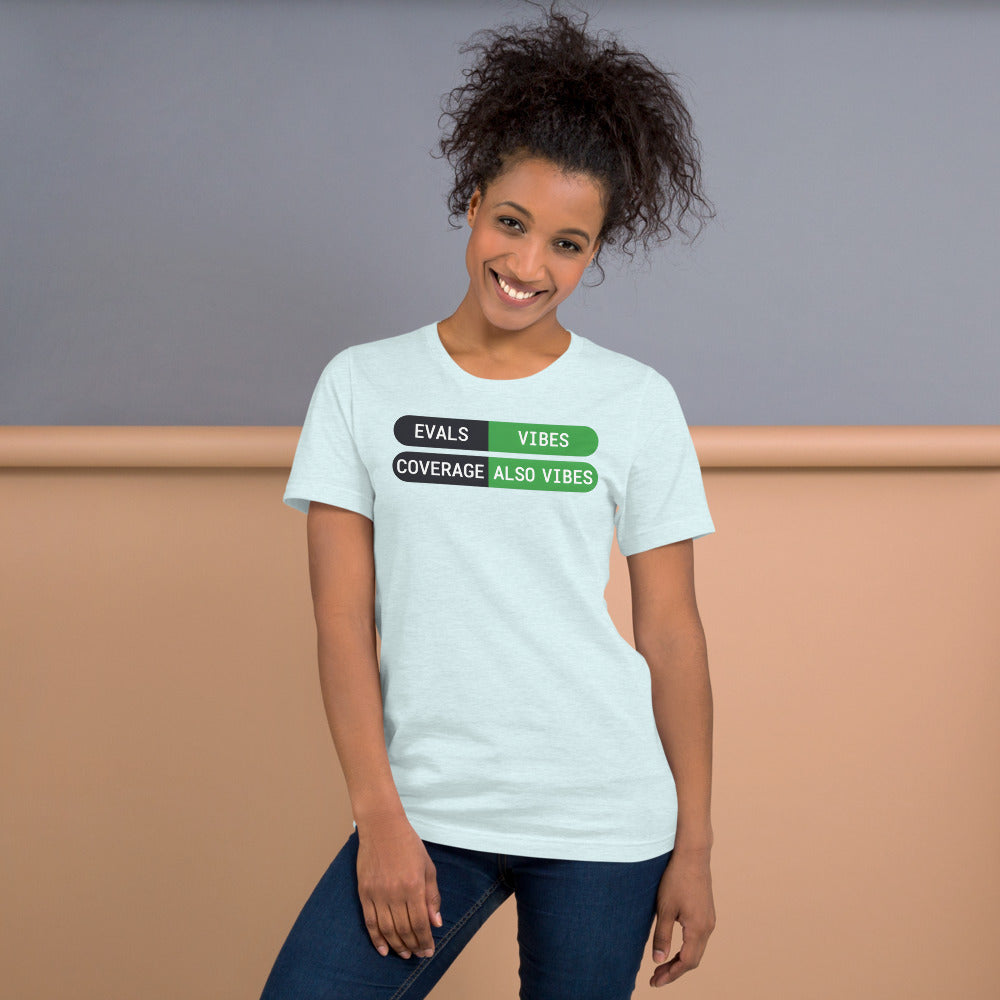 Eval Suite Vibes agentic AI engineer tee — Heather Ice Blue, on model