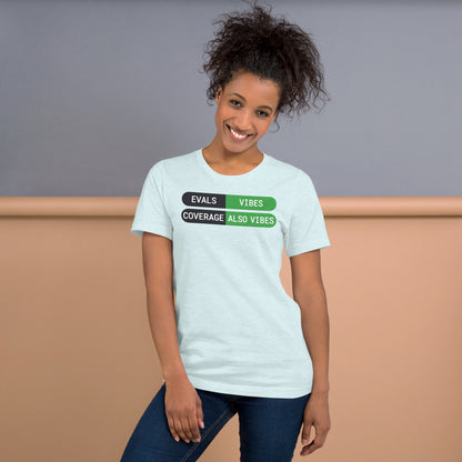 Eval Suite Vibes agentic AI engineer tee — Heather Ice Blue, on model